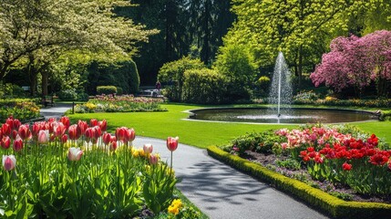 Obraz premium A serene image of a manicured public garden with blooming flowers, fountains, and walking paths
