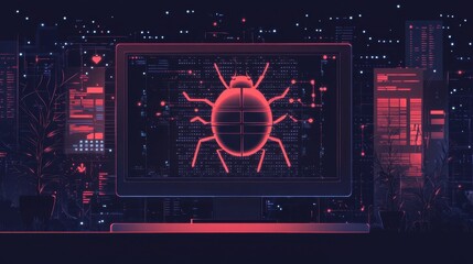 Digital Insect Icon on Computer Screen Amid Futuristic Background