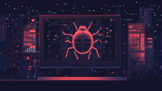 Digital Insect Icon on Computer Screen Amid Futuristic Background
