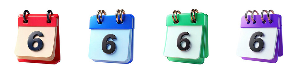 Colorful calendar icons displaying the number six, perfect for illustrating dates, events, planning, and organization in digital and print media for various applications.