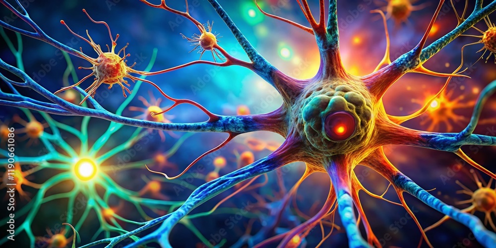Poster microscopic view of a neuronal cell with copy space for text - neuroscience stock photo