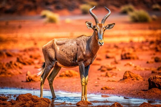 Common Tsessebe in Red Mud Bath, Mokala National Park, South Africa