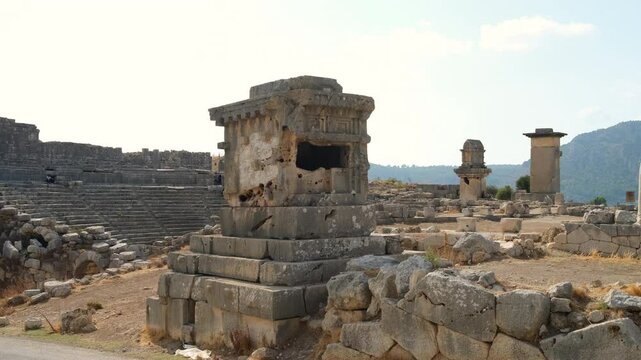The ancient city of Xanthos, the capital of Lycian civilisation.Stone Sarcophagus (Lycian pillar tomb). It was listed as a World Cultural Heritage by UNESCO. Kas district, Antalya city, Turkey country