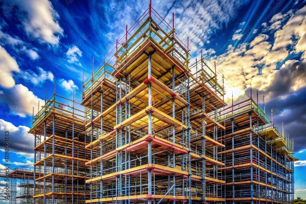 Poster construction site scaffolding: urban development building project