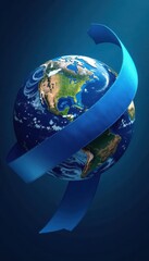 Fototapeta premium Blue ribbon entwined around Earth, vibrant globe , background, texture