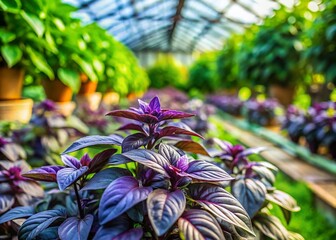Fototapeta premium Miniature African Blue Basil Greenhouse Garden - Tilt-Shift Photography