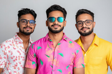 Three indian friends in different colored shirt , white background