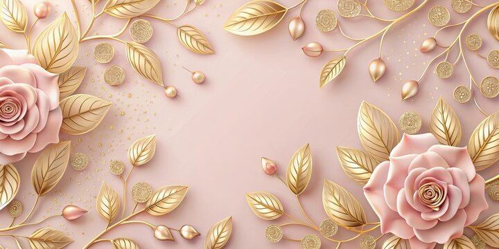 Delicate rose pattern surrounded by intricate gold leaf details on a soft pink background , antique, ornate