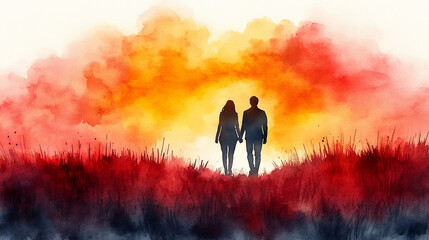 Fototapeta premium Romantic Stroll During a Vibrant Sunset on Valentine's Day Filled With Warmth and Love