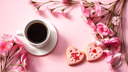 A romantic arrangement featuring a cup of black coffee, heart-shaped cookies with pink icing and sprinkles, and delicate pink flowers beautifully framing the scene on a pastel pink background. AI-gene
