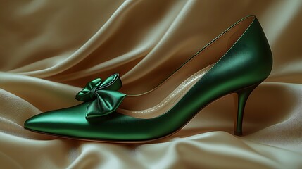 Emerald satin heels on silk, elegant footwear, fashion photography, luxury product shot.