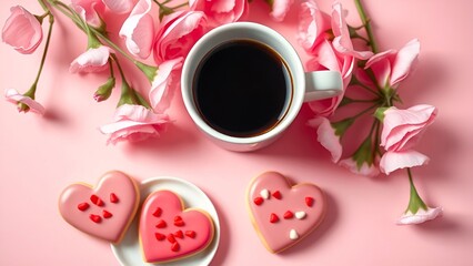 A cozy arrangement featuring a cup of black coffee, heart-shaped cookies with pink icing and sprinkles, and fresh pink flowers, set on a pastel pink background. AI-generated content.