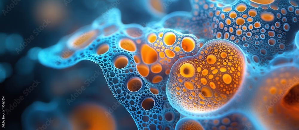 Wall mural abstract close-up of vibrant blue and orange organic structures with bubble patterns in soft focus