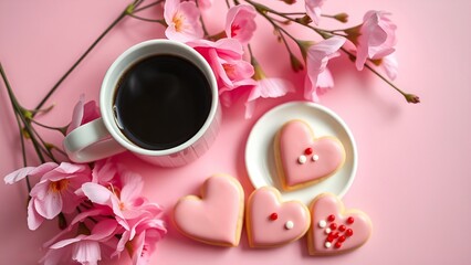 A delightful setup featuring a cup of black coffee, pink heart-shaped cookies with decorative icing, and blooming pink flowers on a pastel pink background, perfect for a romantic moment. AI-generated 