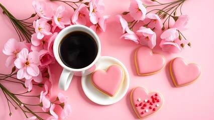 A charming flat-lay composition of a cup of black coffee, pink heart-shaped cookies with icing, and delicate pink flowers on a pastel pink background, evoking a romantic and sweet vibe. AI-generated c