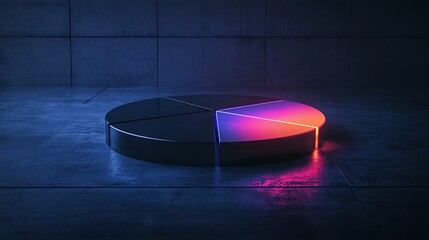 A sleek, illuminated pie chart on a dark, textured surface, showcasing data visualization in a modern setting