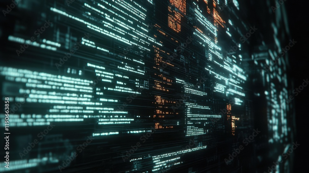 Poster glowing digital data stream background with code and binaries