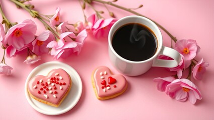 A romantic setup featuring a cup of black coffee, heart-shaped cookies decorated with pink icing and sprinkles, and fresh pink flowers on a pastel pink background. AI-generated content.