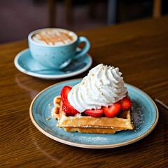 Caramel macchiato beside a Belgian waffle with strawberries and whipped cream, AI Generated