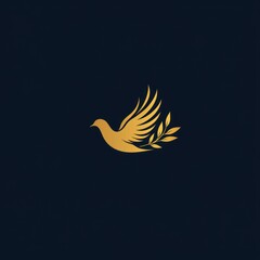 Obraz premium Golden dove flying, olive branch, dark background, logo design