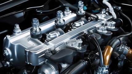 Detailed Close-Up of a Modern Engine Component with Metallic Finish