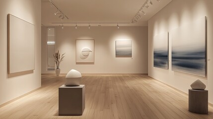 A serene art gallery showcasing minimalist sculptures and paintings