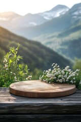 Rustic Wooden Table with Wildflowers Overlooking Scenic Mountain Landscape in Serene Morning Light