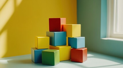 Obraz premium Colorful building blocks stacked in a pyramid shape on a window sill.