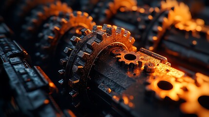 Glowing gears mechanism, industrial background, close-up, technology concept.