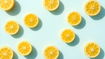 Bright yellow lemon slices scattered across a pastel blue background with soft shadows, creating a fresh and vibrant summer aesthetic. AI-generated content.
