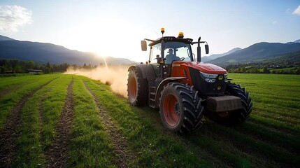 Fototapeta premium Majestic Sunset Tractor Ride Across Lush Green Field
