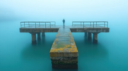 Obraz premium Solitary figure on foggy pier.