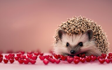 A charming hedgehog surrounded by tiny red hearts, resting on a soft pastel pink background for Saint Valentines Day