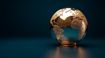 Golden globe on dark background, global connectivity concept, website banner.