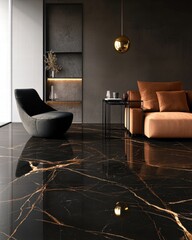 A serene image of black marble with gold veining, creating an elegant and dramatic look