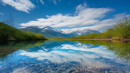 Mountain Lake with Crystal-Clear Water, Snow-Capped Peaks, and Lush Greenery