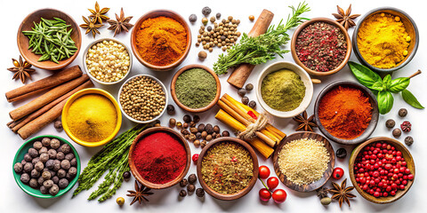 A colorful array of spices and herbs is displayed in various bowls on a clean white surface. Each bowl contains unique flavors and colors, highlighting culinary variety