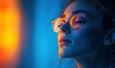 Female sleep researcher in colorful light studio abstract emotional