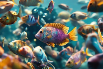 Fototapeta premium Underwater diver interacts playfully with colorful tropical reef fish