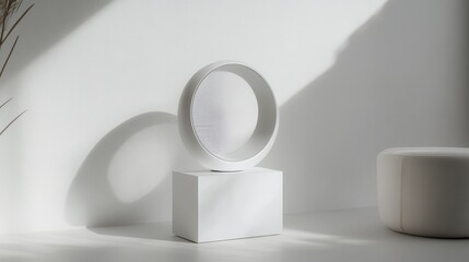 Modern fan creates artistic shadows on table in a minimalist indoor setting