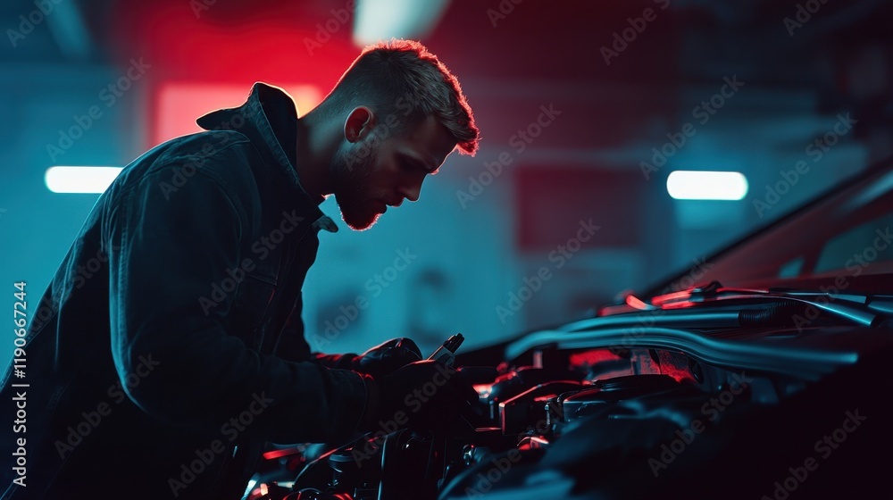 Poster mechanic working on car engine in low light setting