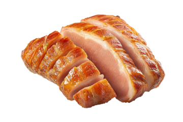 Sliced smoked duck breast, studio shot, white background, food photography