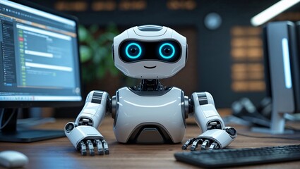 A humanoid robot works in an office on a laptop, showcasing the utility of automation in repetitive and tedious tasks