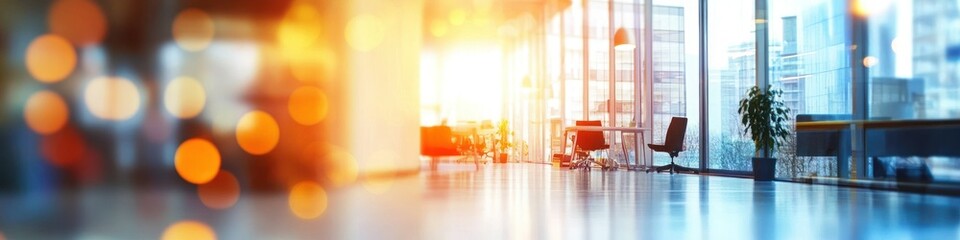 Abstract blur of an office space with vibrant light effects and warm tones creating a dynamic and modern ambiance