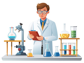 Researcher with equipment in lab on white background vector image, Isolated on white background.
