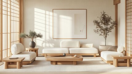 A serene Japandi living room with clean lines, neutral tones, and a mix of wood and soft textiles