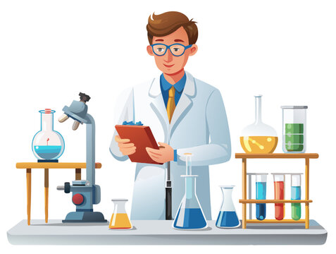Researcher with equipment in lab on white background vector image, Isolated on white background.
