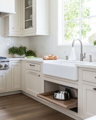 Fototapeta premium A serene kitchen with a built-in pet feeding station in the cabinetry, keeping bowls neatly tucked away