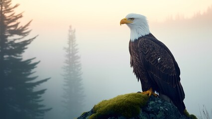 Fototapeta premium Bald Eagle in Misty Forest at Sunrise