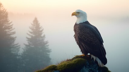 Fototapeta premium Bald Eagle Perched on Mossy Rock in Morning Mist